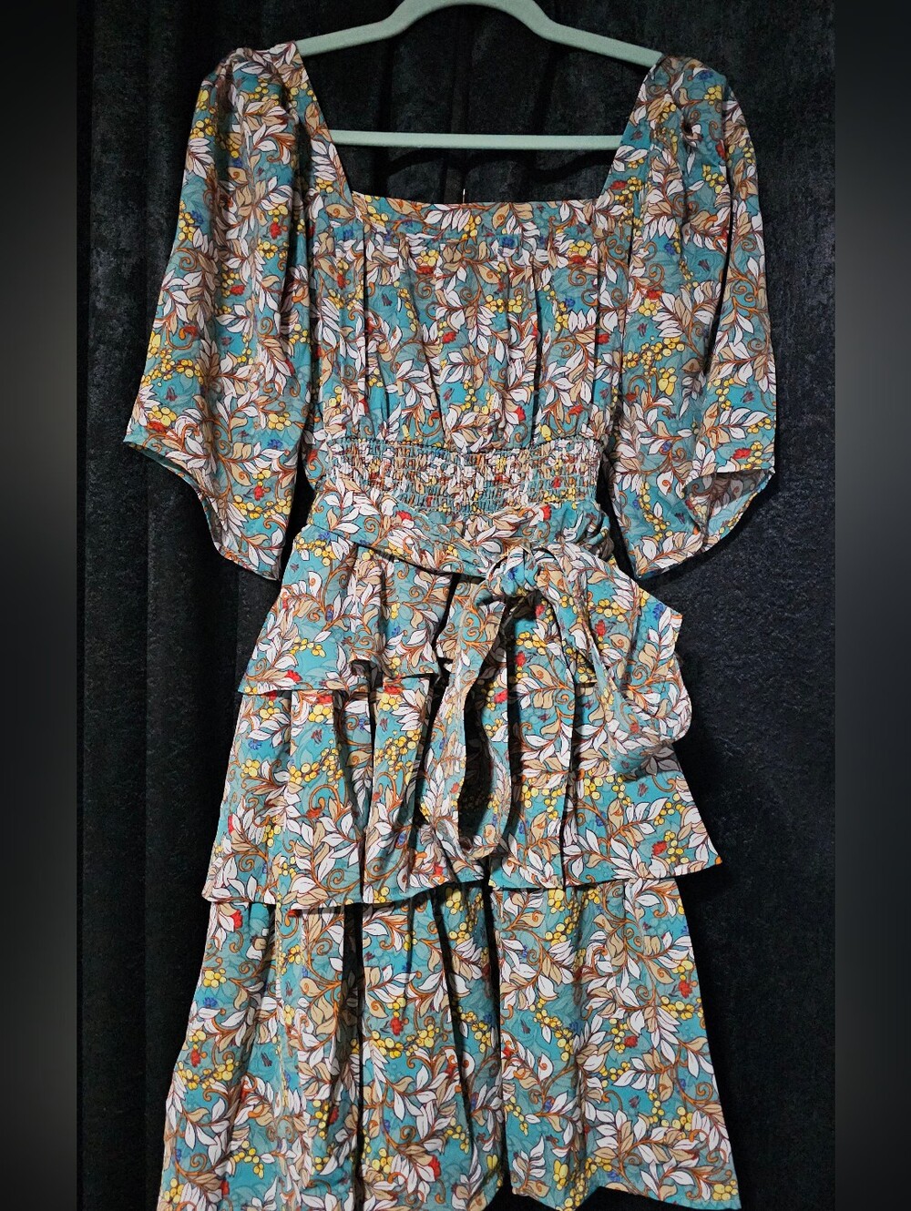 Floral Tiered Teal Midi Dress with Waist Tie